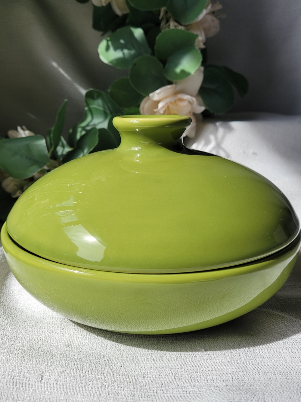 Crate and Barrel Vintage Green Ceramic Covered Casserole Dish